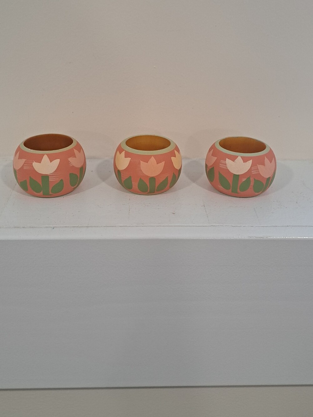 Set Of 3 Vtg. Wooden Hand Painted Tulip Grannycore Boho Cottagecore Napkin Rings